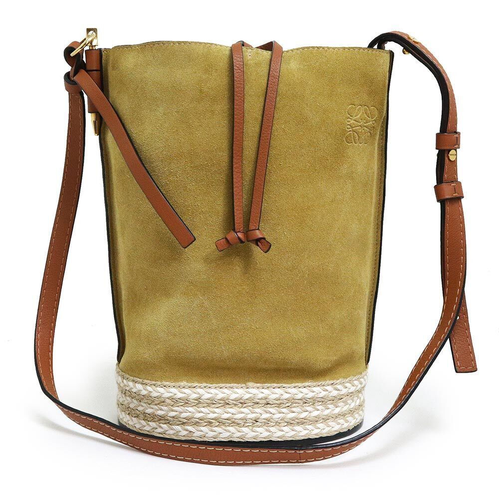LOEWE Gate Bucket Shoulder Bag Crossbody Raffia Bicolor Khaki Green Beige